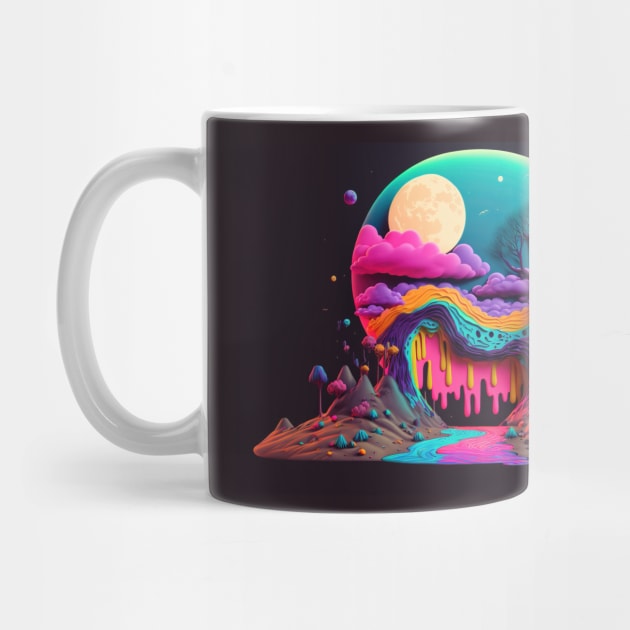 Spooky Full Moon Psychedelic Landscape - Paint Dripping 3D Illustration - Colorful Haunted Nature Scene by JensenArtCo